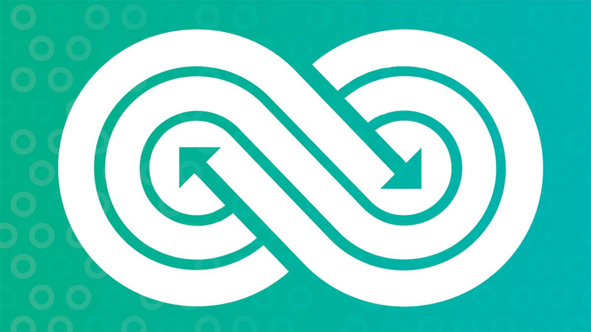 A variation on the infinity symbol, with three bands and arrows at the center.